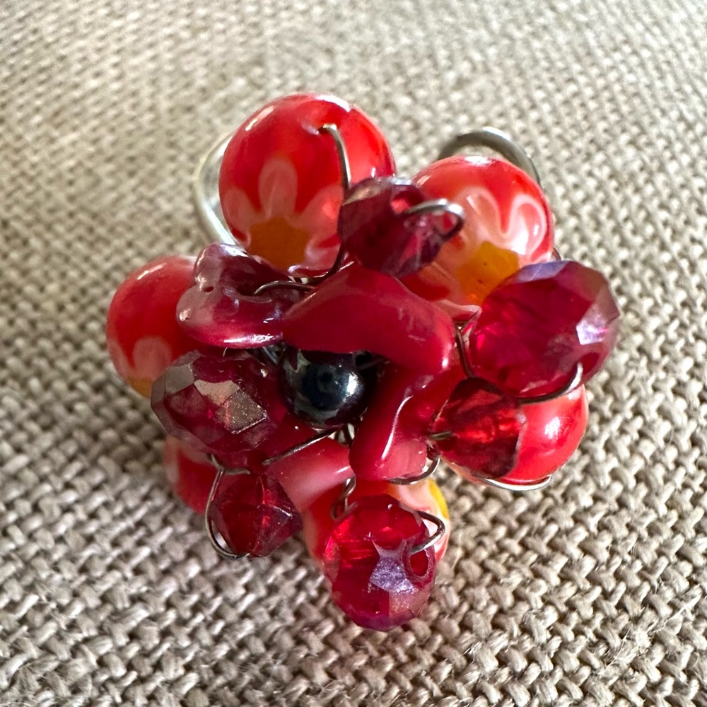 Handcrafted Artisan Red Beads Cluster Adjustable Ring MURANO GLASS DROPLETS OOAK
